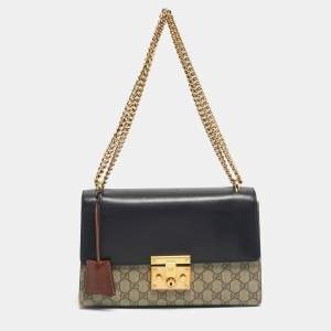 Pre Owned Gucci Black/Beige GG Supreme Canvas and Leather Medium Padlock Shoulder Bag