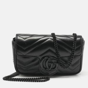 Pre Owned Gucci Black Matelassé Leather Super Mini GG Marmont Shoulder Bag