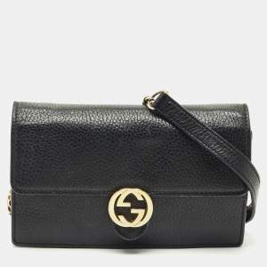 Pre Owned Gucci Black Leather Interlocking G Wallet On Chain