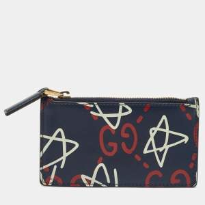 Pre Owned Gucci Navy Blue Leather Ghost Coin Zip Card Holder