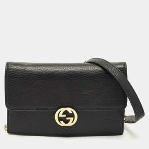 Pre Owned Gucci Black Leather Interlocking G Dollar Chain Wallet