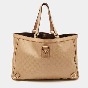 Pre Owned Gucci Beige/Gold GG Fabric and Leather Abbey D-Ring Tote