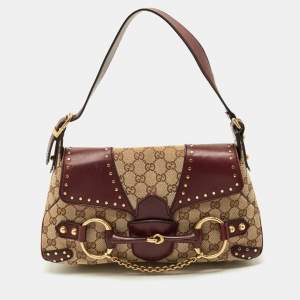 Pre Owned Gucci Burgundy/Beige GG Canvas and Leather Horsebit Chain Shoulder Bag