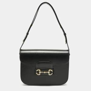 Pre Owned Gucci Black Leather Medium Horsebit 1955 Flap Shoulder Bag
