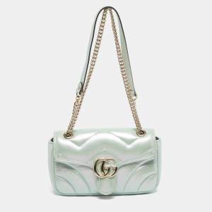 Pre Owned Gucci Green Iridescent Matelassé Leather Medium GG Marmont Shoulder Bag