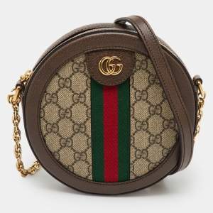 Pre Owned Gucci Brown/Beige GG Supreme Canvas and Leather Mini Ophidia Round Bag