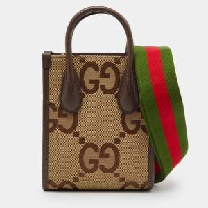 Pre Owned Gucci Beige/Brown Jumbo GG Canvas and Leather Mini Vertical Tote