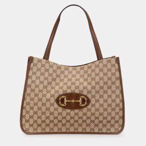Pre Owned Gucci Beige Brown Medium GG Canvas Horsebit 1955 Tote
