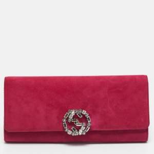 Pre Owned Gucci Pink Suede Interlocking Crystals Broadway Clutch