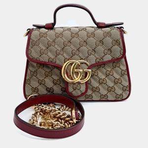 Pre Owned Gucci Beige Red Fabric GG Marmont Mini Top Handle Bag