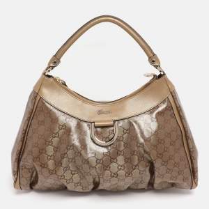 Pre Owned Gucci Beige/Gold GG Crystal Canvas Large D Ring Hobo