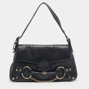 Pre Owned Gucci Black Leather Horsebit Flap Shoulder Bag