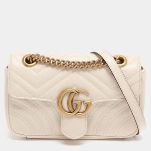 Pre Owned Gucci Off White Matelassé Leather Mini GG Marmont Shoulder Bag