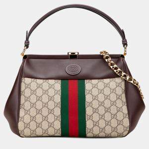 Pre Owned Gucci Beige Brown GG Supreme Ophidia Virgo Top Handle Bag