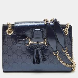 Pre Owned Gucci Navy Blue Guccissima Patent Leather Small Emily Chain Shoulder Bag
