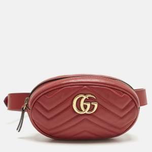 Pre Owned Gucci Red Matelassé Leather GG Marmont Belt Bag