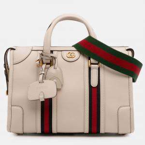 Pre Owned Gucci White Medium Calfskin Web Bauletto Top Handle Bag