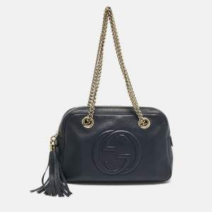 Pre Owned Gucci Navy Blue Leather Medium Soho Chain Shoulder Bag