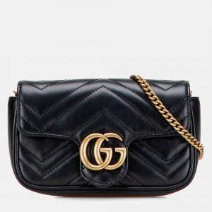 Pre Owned Gucci Black Super Mini GG Marmont Matelasse Leather Flap Crossbody