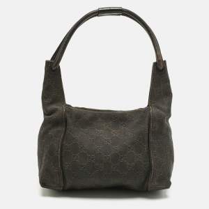 Pre Owned Gucci Dark Brown GG Canvas and Leather Zip Shoulder Bag
