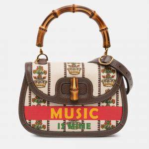 Pre Owned Gucci Beige Brown 100th Anniversary Medium Canvas 1947 Bamboo Top Handle Bag