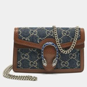 Pre Owned Gucci Blue/Brown GG Denim and Leather Super Mini Dionysus Shoulder Bag