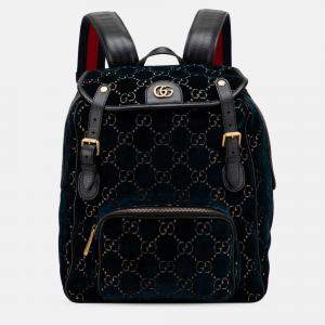Pre Owned Gucci Blue GG Velvet Double Buckle Backpack