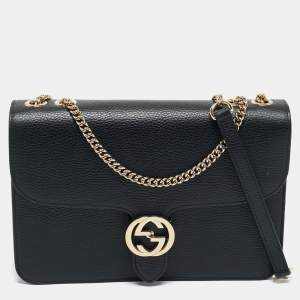 Pre Owned Gucci Black Leather Dollar Interlocking G Shoulder Bag