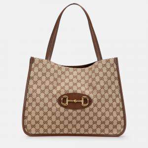 Pre Owned Gucci Brown Medium GG Canvas Horsebit 1955 Tote