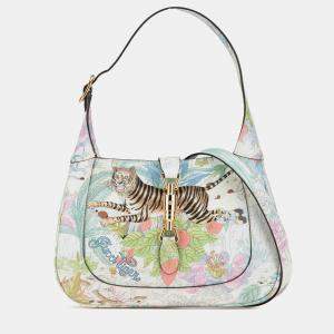 Pre Owned Gucci White Yuko Higuchi Small Calfskin  Floral Print Jackie 1961