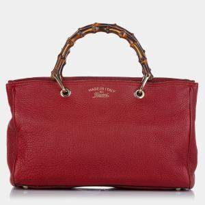 Pre Owned Gucci Red Medium Calfskin Bamboo Shopper Satchel