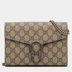 Pre Owned Gucci Beige Brown GG Supreme Dionysus Chain Wallet