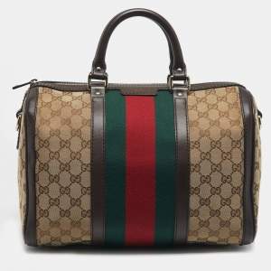 Pre Owned Gucci Beige/Brown GG Canvas and Leather Medium Vintage Web Boston Bag