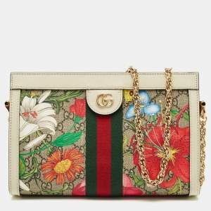 Pre Owned Gucci White/Multicolor GG Supreme Canvas Flora Ophidia Small Chain Shoulder Bag