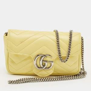 Pre Owned Gucci Yellow Matelassé Leather Super Mini GG Marmont Shoulder Bag