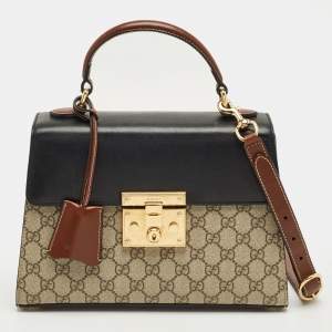 Pre Owned Gucci Tricolor GG Supreme Canvas and Leather Small Padlock Top Handle Bag