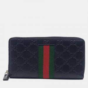 Pre Owned Gucci Black Leather Cimaline Web Long Wallet