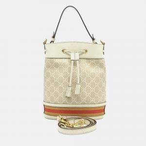 Pre Owned Gucci White Fabric and Leather Ophidia Small Bucket Bag