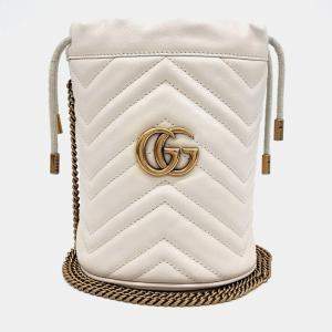 Pre Owned Gucci White Leather GG Marmont Mini Bucket Bag
