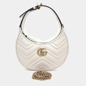 Pre Owned Gucci White Leather Marmont Half Moon Mini Shoulder Bag