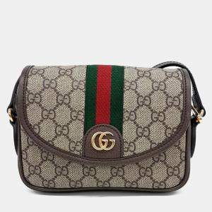Pre Owned Gucci Beige Coated Canvas and Leather Ophidia Mini GG Shoulder Bag