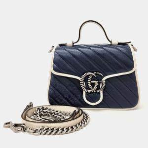 Pre Owned Gucci Navy Blue Leather GG Marmont Mini Top Handle Bag
