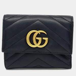 Pre Owned Gucci Black Leather Marmont Chevron Medium Wallet