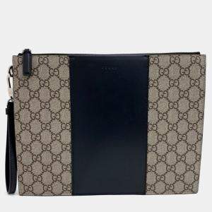 Pre Owned Gucci Beige/Black Canvas GG Supreme Clutch