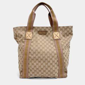 Pre Owned Gucci Beige Canvas Jacquard Tricolor Tote Bag