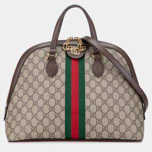 Pre Owned Gucci Beige Brown Medium GG Supreme Ophidia Web Satchel