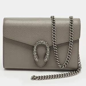Pre Owned Gucci Grey Leather Mini Crystal Dionysus Shoulder Bag