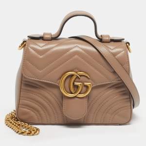 Pre Owned Gucci Beige Matelassé Leather Mini GG Marmont Top Handle Bag
