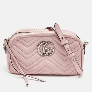 Pre Owned Gucci Pink Snakeskin Small GG Marmont Camera Bag