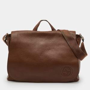 Pre Owned Gucci Brown Leather Soho GG Diaper Bag